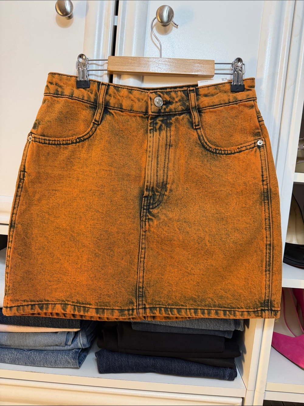 Zara Orange Acid-Wash Denim Mini Skirt